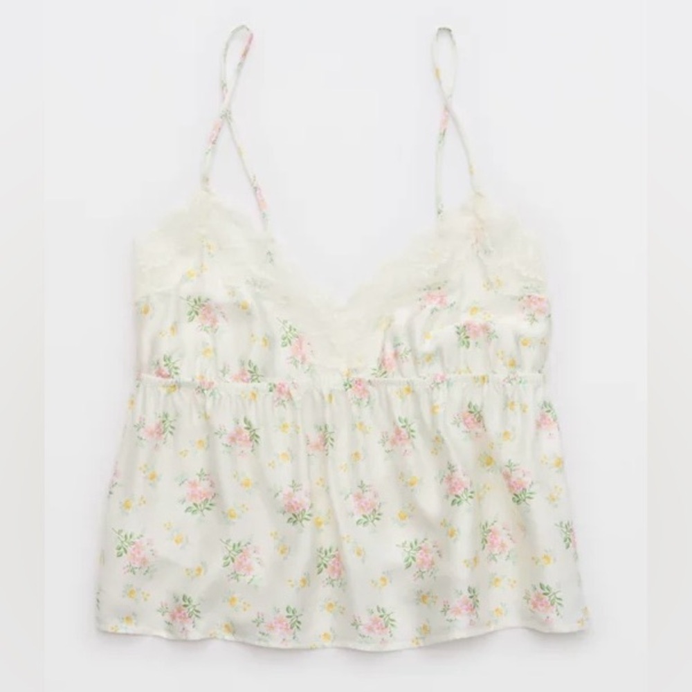 Aerie Floral Satin Lace Trim Pajama Set Size Small NWT